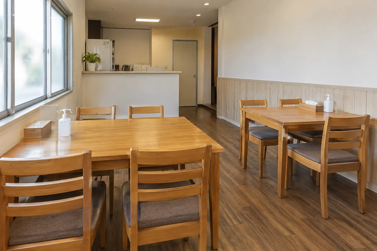 木のテーブルと椅子が並ぶ明るい小さな店内