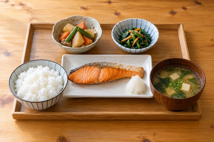 焼き魚と小鉢、ごはんと汁物を添えた定食